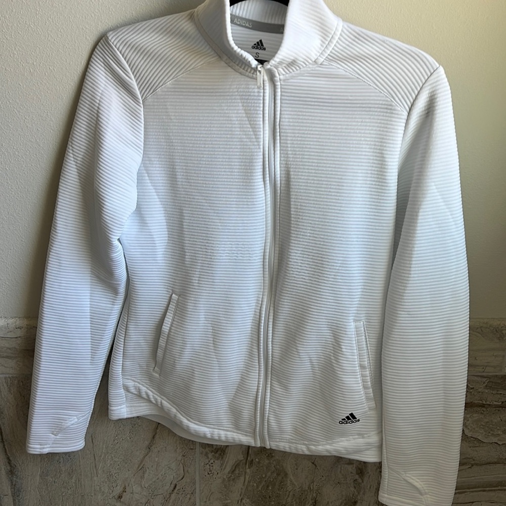 Adidas light weight white ribbed golfer’s full zip jacket